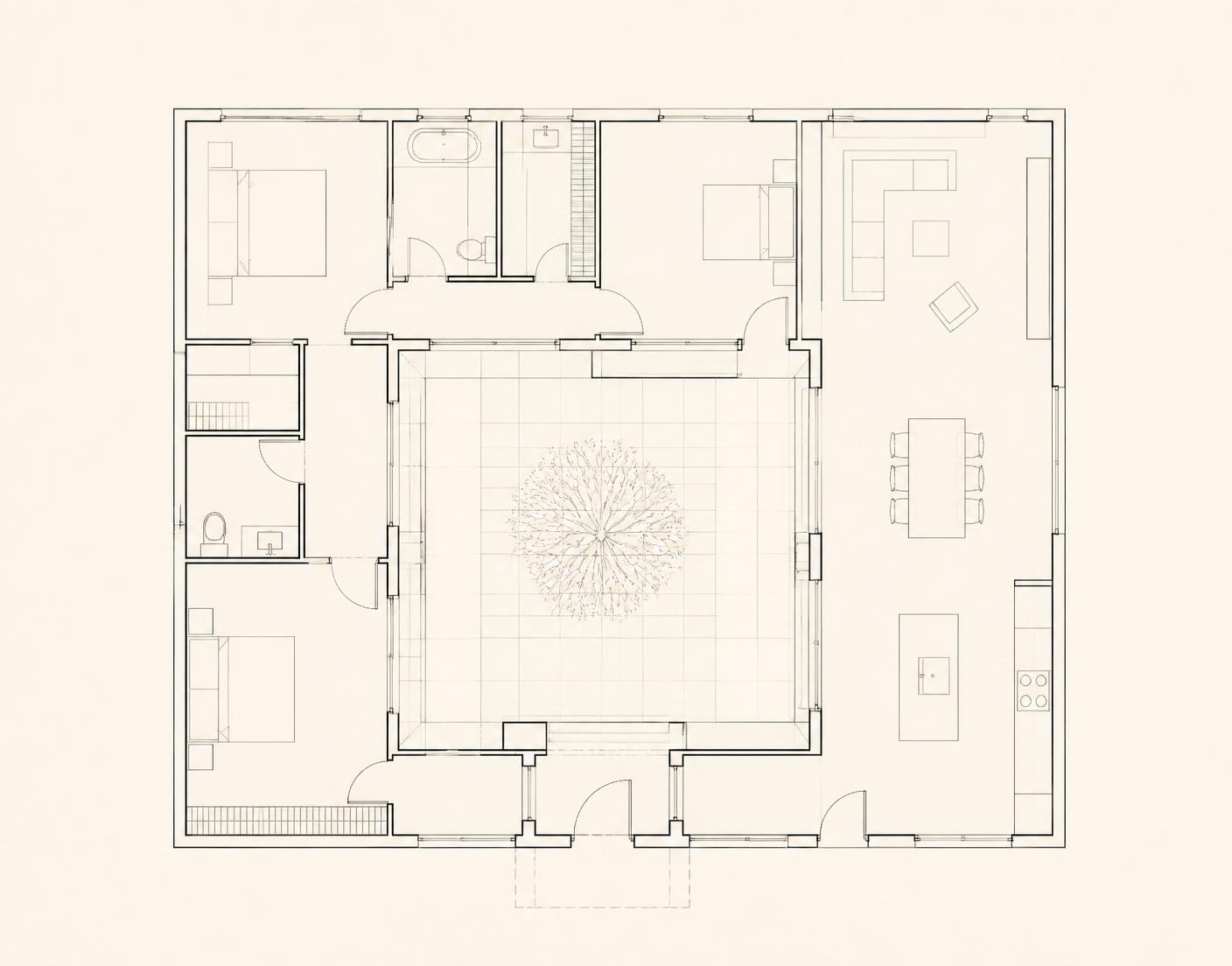 Ground floor plan drawing of the residence around a courtyard